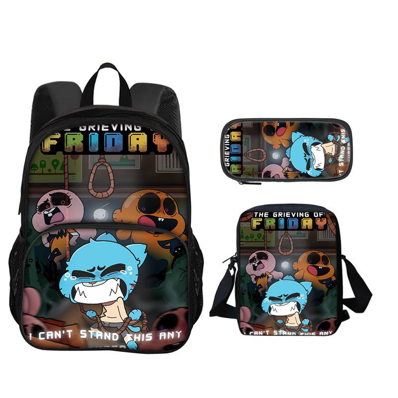 The Amazing World of Gumball Round Front Bag Backpack Pen Bag Shoulder Bag 3Pcs Set Cartoon Anime Printed Student Boys and Girls