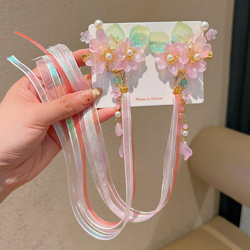 Princess Style Children's Hanfu Hair Clips - Ancient Chinese Tassel Ribbon Headdress for Girls