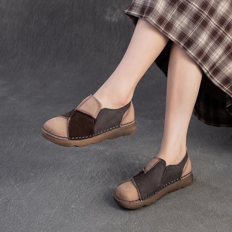 Johnature Retro Mixed Colors Soft Soled Flats Genuine Leather Comfortable Round Toe Women's Slip-on Shoes