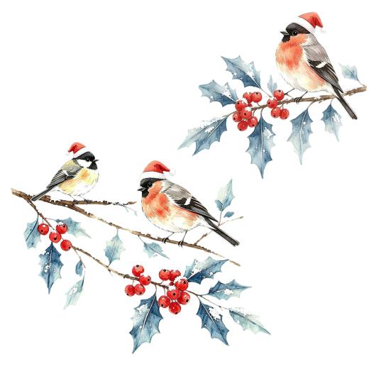 Indoor Outdoor Glass Stickers Christmas Watercolor Bird Window Sticker, Santa Hat On Beey Clings Branch Static Decal, Waterproof Cling for Holiday