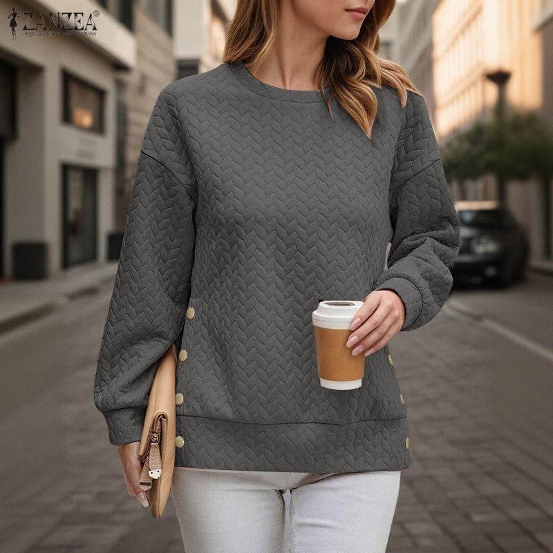 ZANZEA Women Casual Round Neck Long Sleeve Loose Pullover Sweatshirts