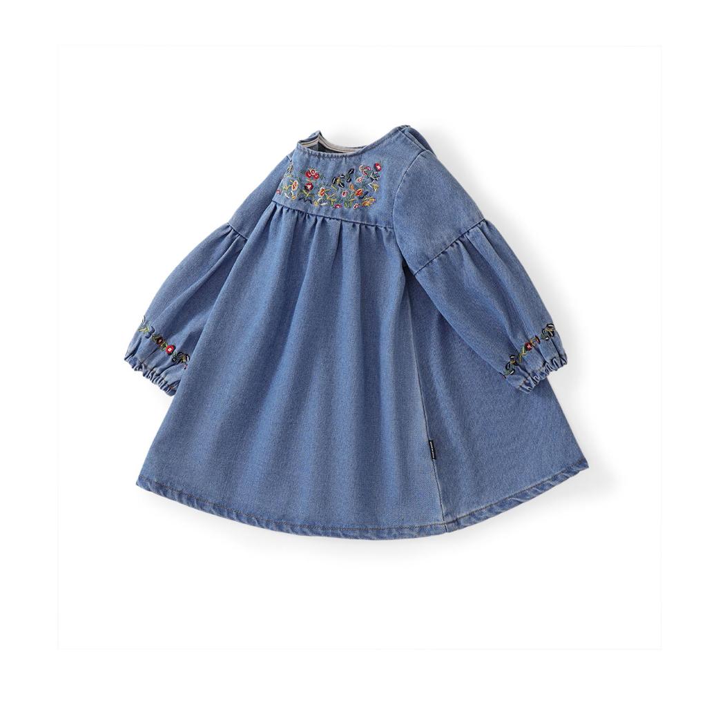 MDD 2024 Mädchen Niedliches Jeanskleid mit gestickter Blume Langarm