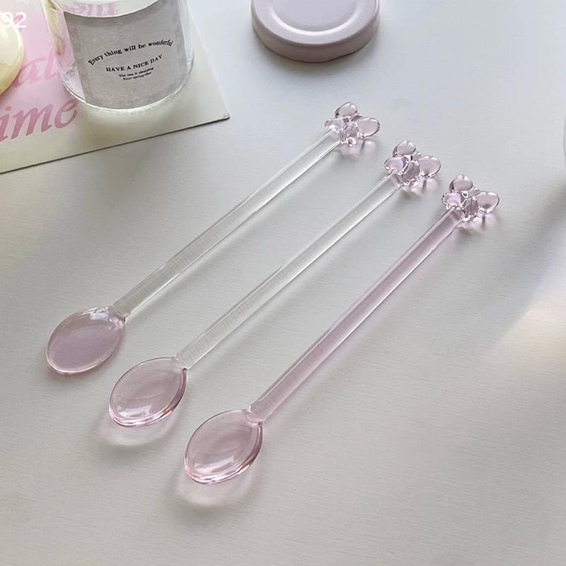 Pink Bow Glass Coffee Spoon, Long-handled Dessert/milk Tea Stirring Spoon, Heat-resistant Teaspoon, Household Kitchen Tool.