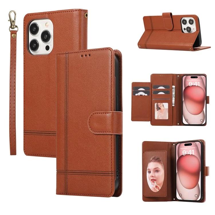 

For iPhone 15 Pro Cell Phone Case Lines Imprinted PU Leather Cover with Mirror