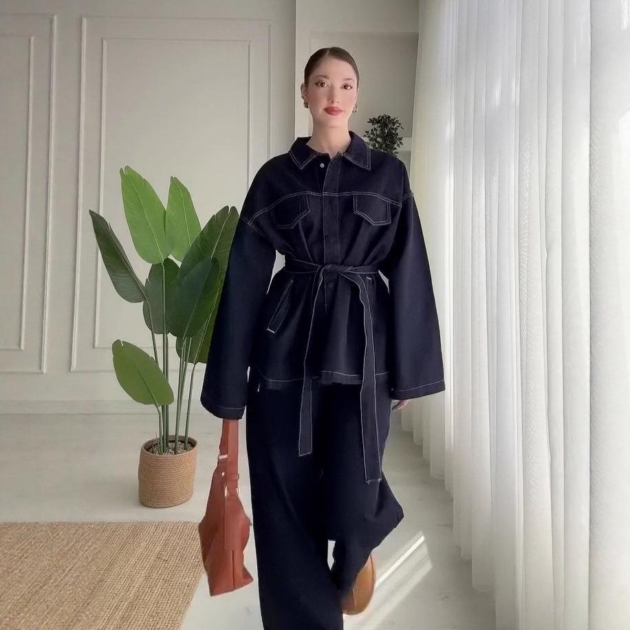 Damen Herbst Polo Kragen Langarm Taillenraffung Kunstdenim Freizeit Overall