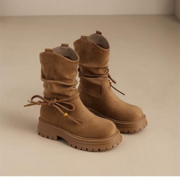 Platform Western Boots Women's 2025 New Autumn Stacking Boots Retro Bow Short Boots Knight Boots