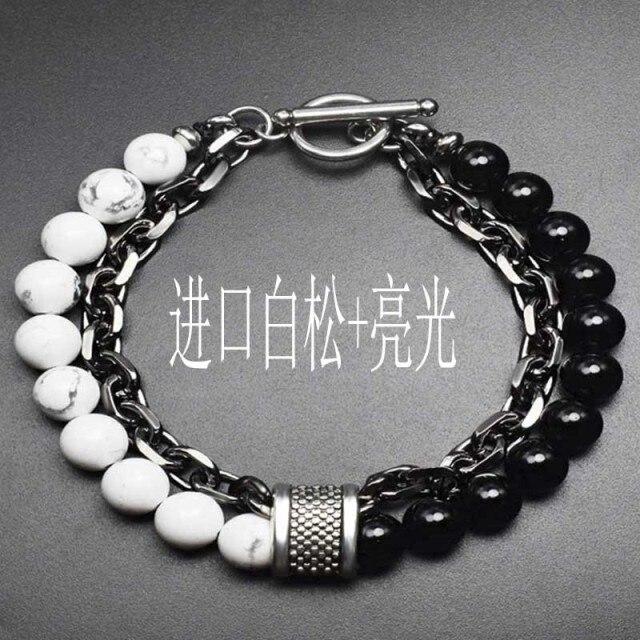 Latest Black White Stone Men 'S Bracelets Double Chain Link Stainless Steel Beaded Bracelets Bangle Male JewelryFashion Chain