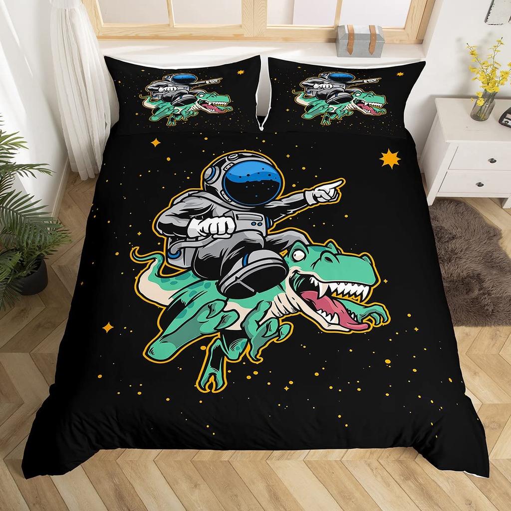 Child Cartoon Astronaut Duvet Cover Bedding Set King Size Boys Kids Galaxy Stars Out Space Soft Polyester Comforter Cover Black