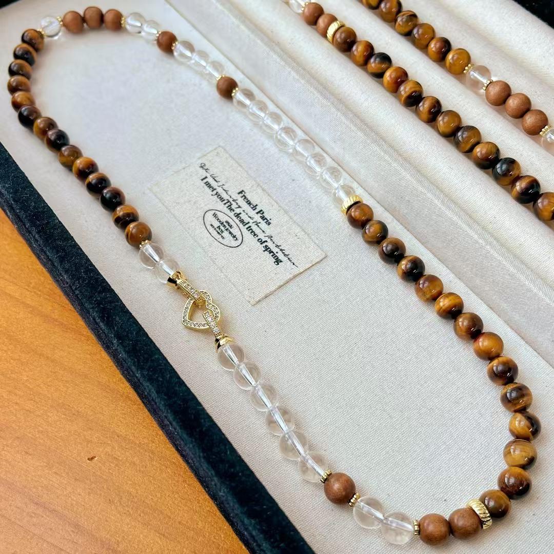 

Vintage Maillard High Quality Natural Tiger S Eye Stone Vitreous White Crystal Necklace Clavicle Chain