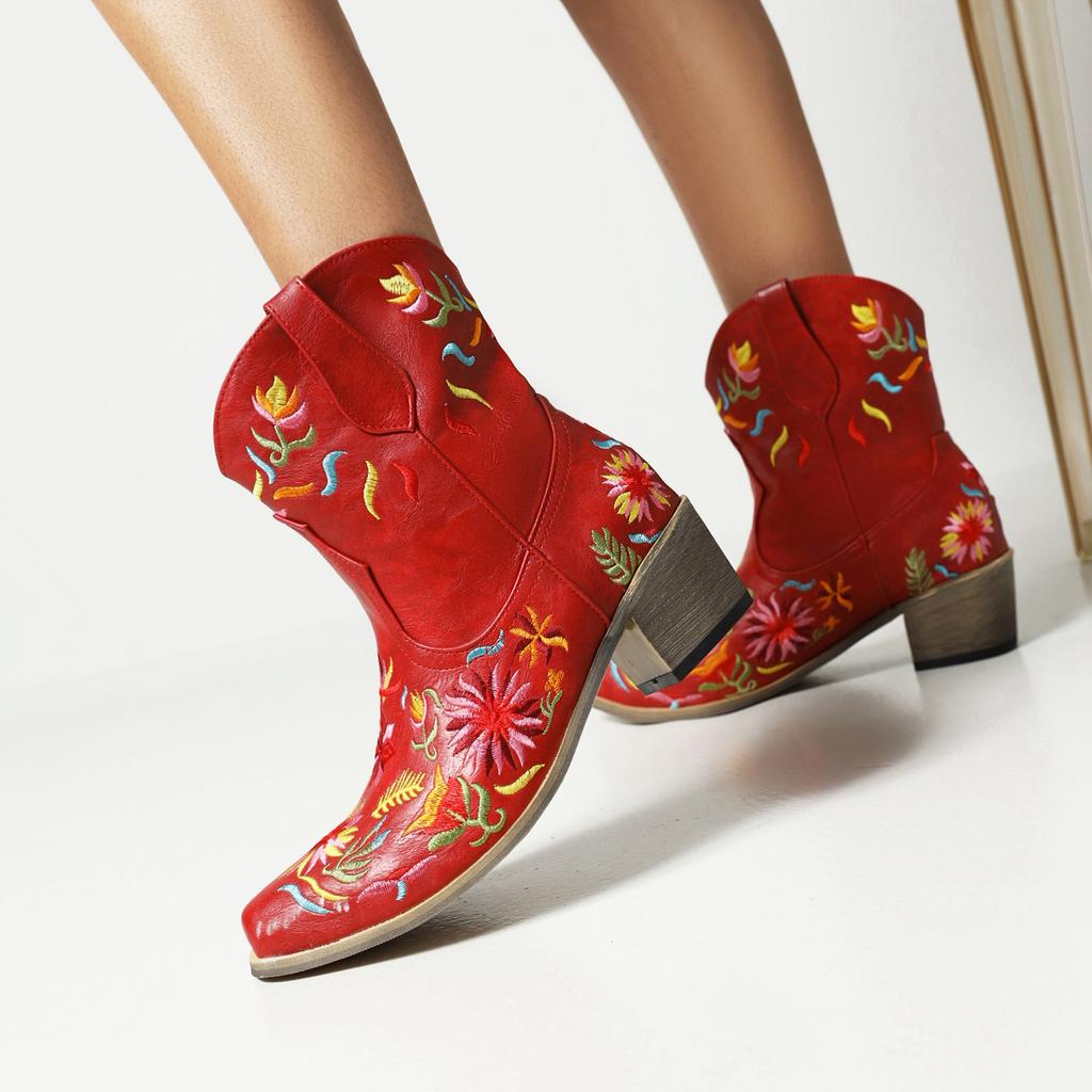 Women's Short Boots With Embroidered Flowers Pointed Toe And Thick Heels Oversized Western Boots With Plush Floral Inner Lining