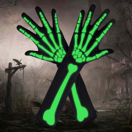 1 Pair Halloween Skeleton Gloves Night Luminous Cosplay Party Prop Unisex Scary Terrifying Fiver Fingers Halloween Party Ghost Gloves Skull Stockings