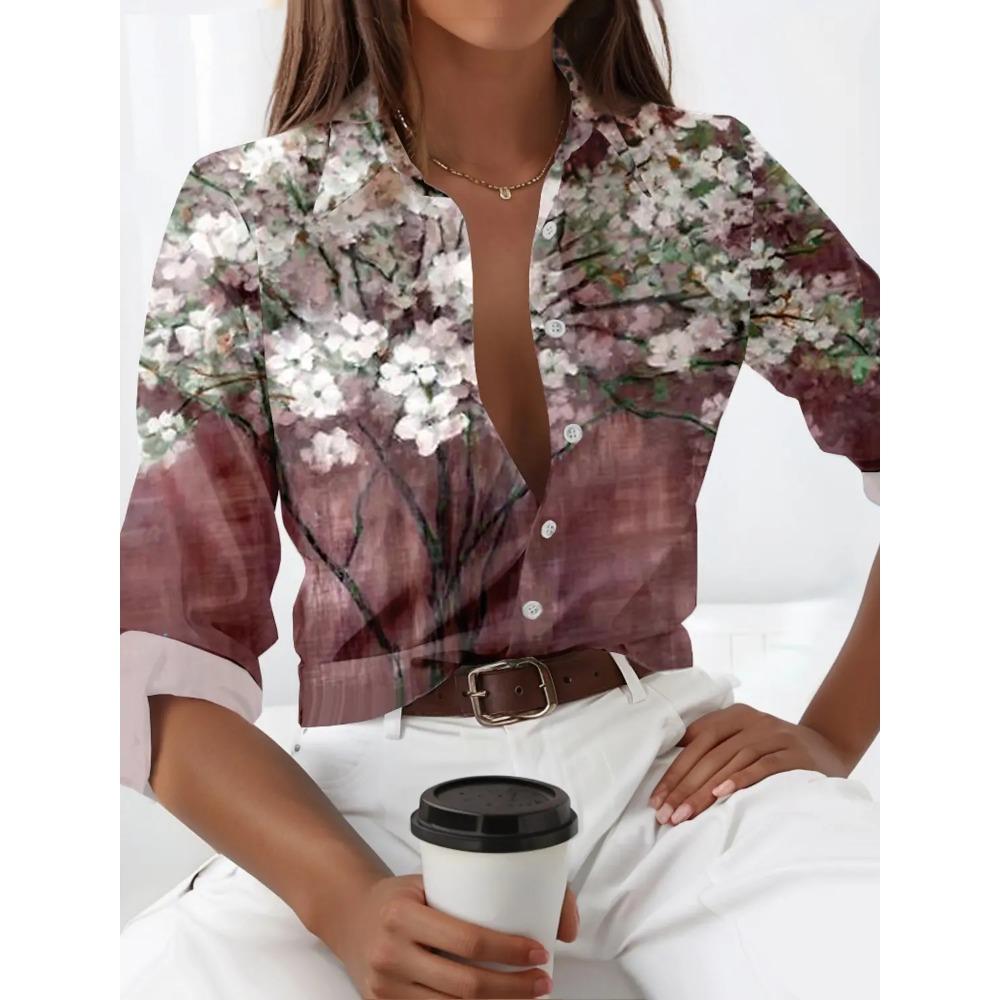 Women s Fashion Floral Buttons Blouse Lapel Neck Blouse Womens Long Sleeve Shirts Womens Clothing Spring Autumn S