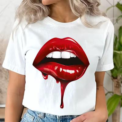 LIPS BLOOD Graphic Women T-shirts Casual Tee Shirt Lady Clothes Top Short Sleeve Casual Fashion T Shirt Summer Female Clothing
