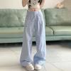 Summer Blue Striped Bowknot Embroidered Casual Pants - Design-Forward Button-Trim Loose Lightweight Wide-Leg Trousers
