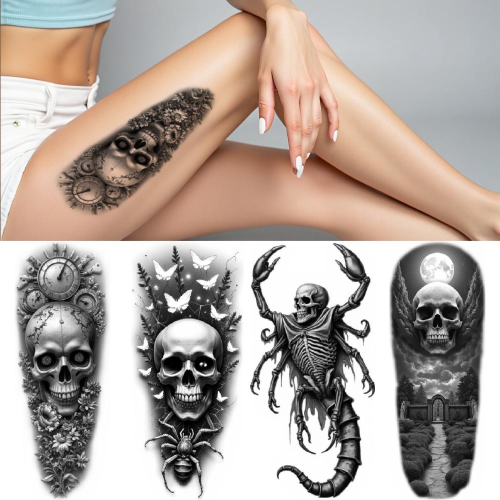 3pcs Temporary Tattoo Roses Black And Grey Realism Spider Butterflies Waterproof Long-lasting Body Stickers Thorns For