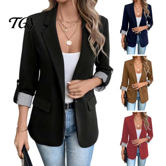 3/4 Sleeve Women Blazer Lapel Collar Blazer, Open Front Business Comfortable with Pockets Casual Suit Jacket, Office Work Short Button Jacket