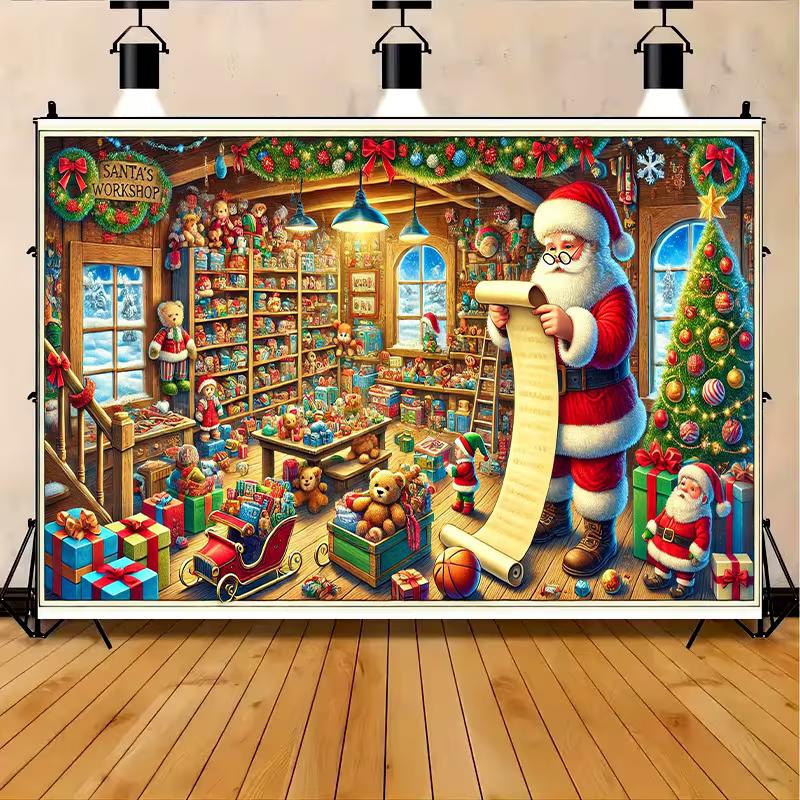 2D Santa Workshop Christmas Photo Backdrop Xmas Party Decor Cloth