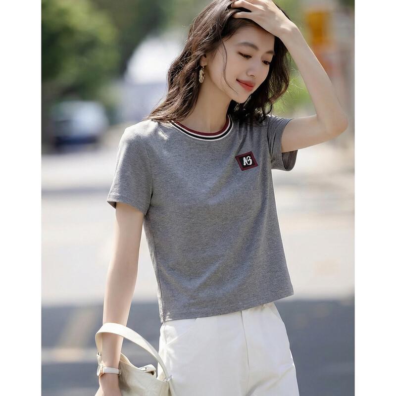 Demana Women's Ribbed Collar Letter Patch Short Sleeve T-Shirt