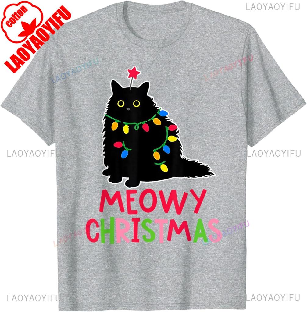 New Style Lovely Kawaii Meowy Christmas Xmas Lights Black Cat Pajamas Family Funny Men Women High Quality Cotton TShirt