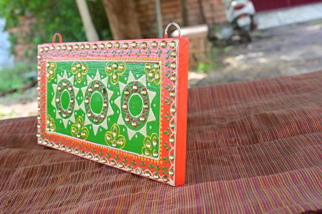 Indian Folk Art Mirror Work Wood Wall Panel