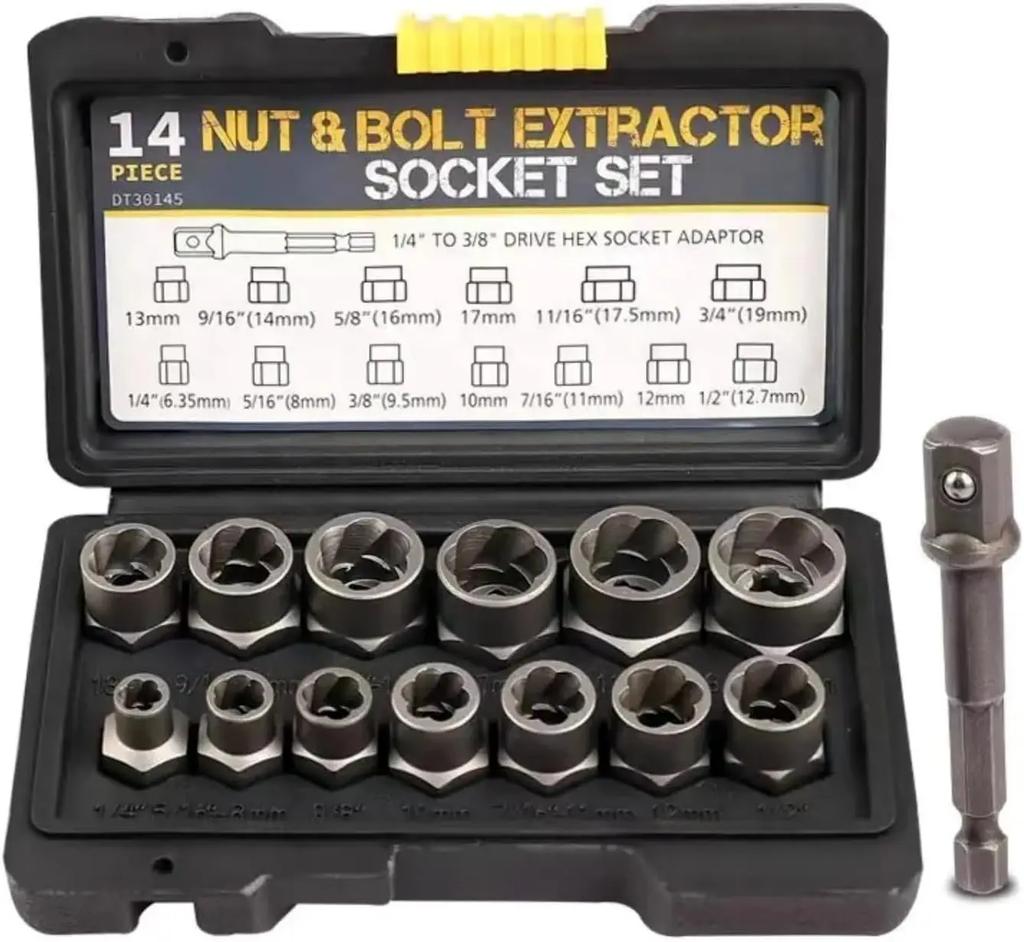 Professional 14pc Impact Bolt Extractor Set 1 4 3 8 Drive SAE Socket Anti Slip Remover for Stripped Nuts Screws W Adapter Tool