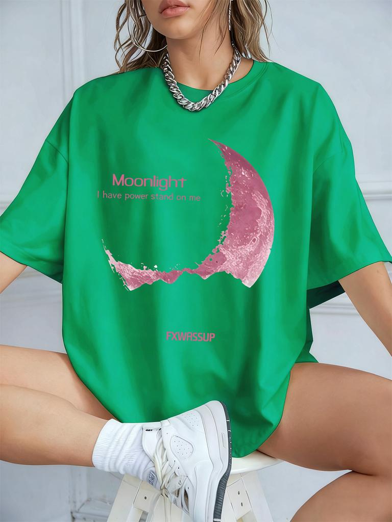 Plus Beautiful Moonlight Prints T-Shirts Womens Summer Cotton Short Sleeve T Shirt O-Neck Comfortable Loose Tops Casual Clothes