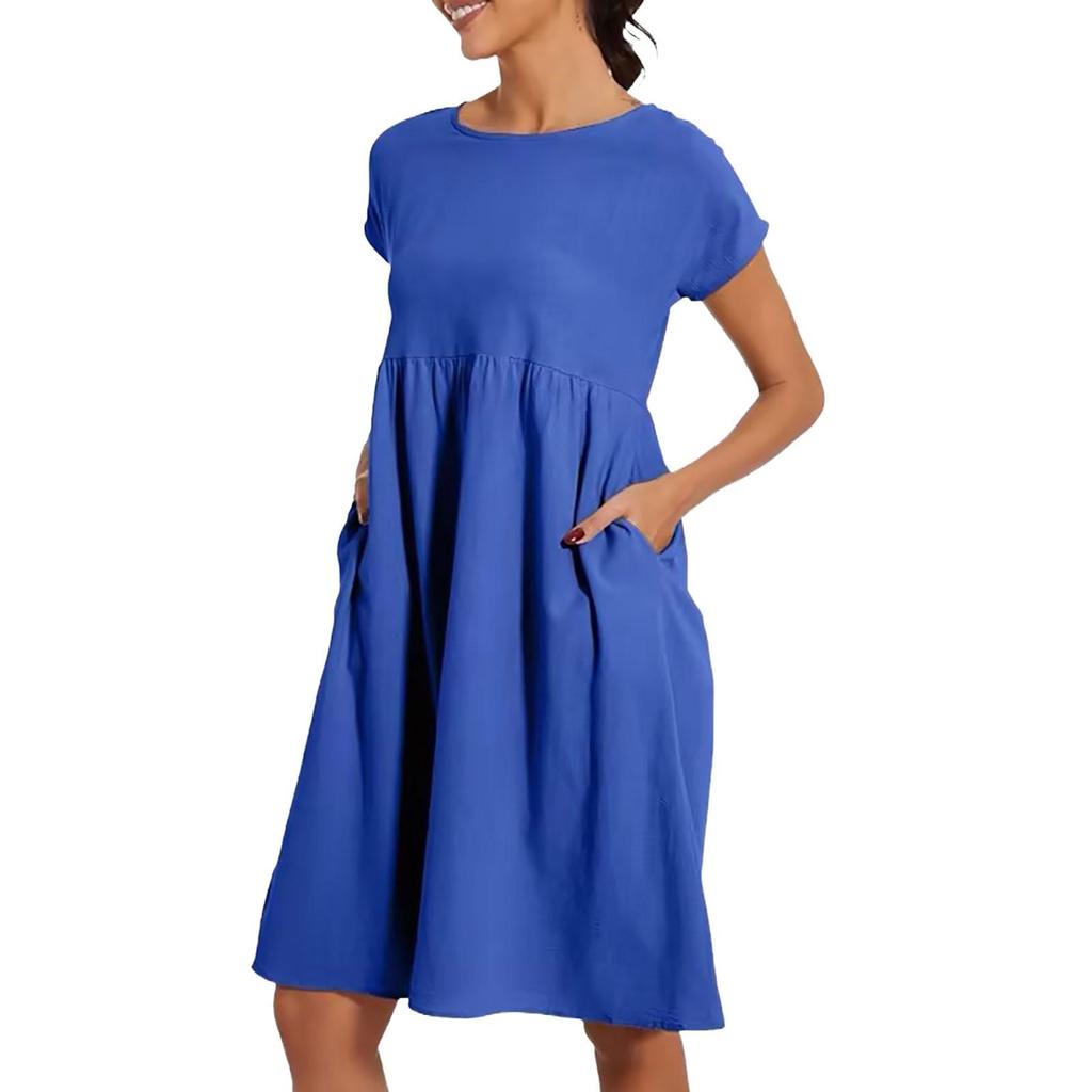 Vestido Casual de Algodón y Lino de Color Sólido para Mujer, Manga Corta, Cuello Redondo, con Bolsillos
