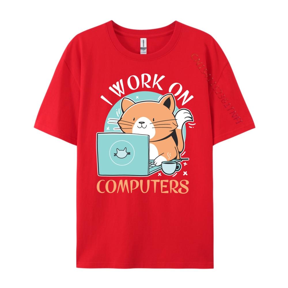 Funny Cat And Computer Laptop Pet Lovers I Work On Computers Streetwear Luxury T-Shirt Valentines Day S