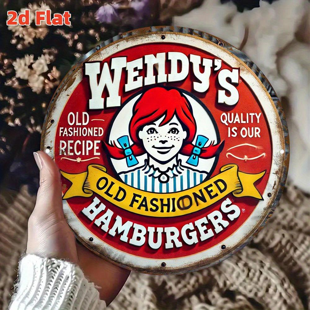 D Flat Vintage Wendys Old Fashioned Hamburgers Metal Wall Sign Round Aluminum Retro Diner Decor Durable IndoorOutdoor 20x20cm(8x8inch)