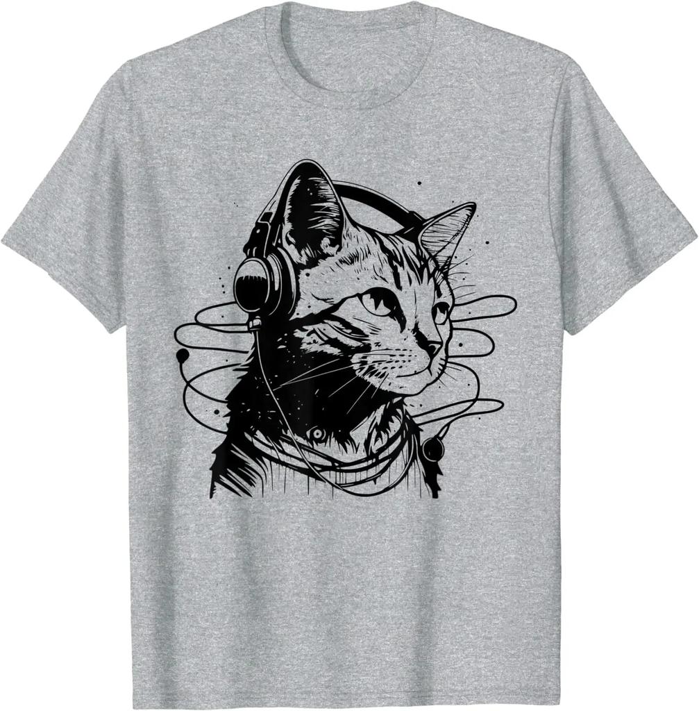 Cat In Headphones Funny Cat Vintage Funny Cat T-Shirt Graphic T Shirts Oversized T Shirt Cotton Four Seasons Daily Tees Casual