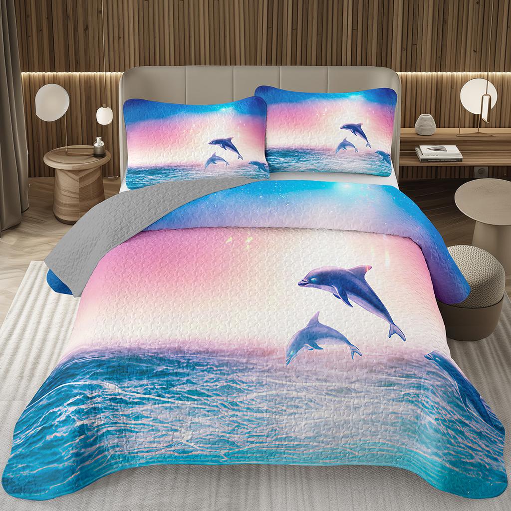 Cute Dolphin Bedspread Twin/King Reversible Grey Quilted Coverlet Ocean Animal Bedding Set 2/3 Pieces Soft Lightweight Quilt Set