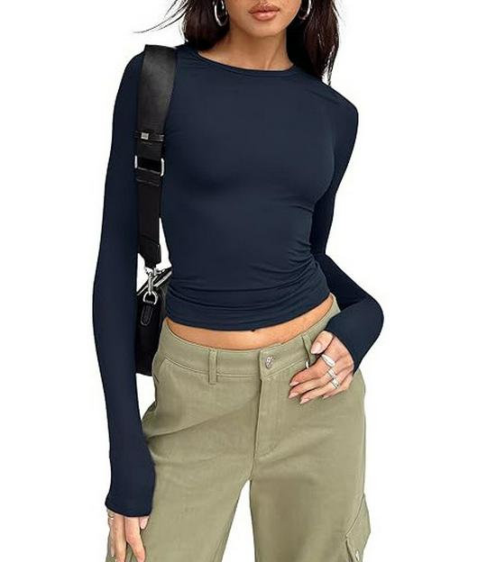Autumn Long-Sleeve Slimming Pullover: Women's Round Neck Top