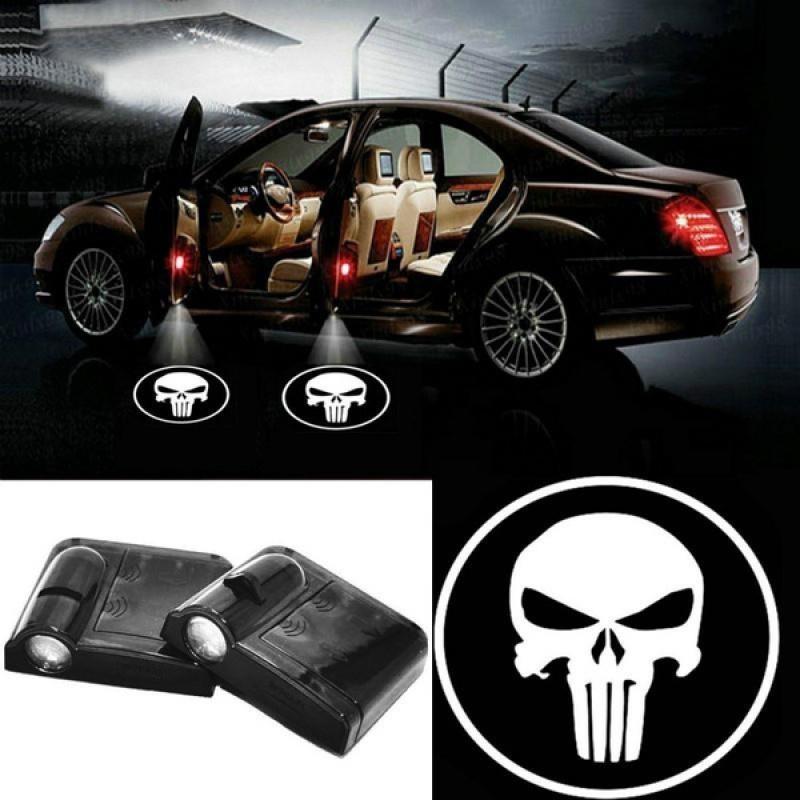 2pcs Wireless Universal Car Projection LED Projector Door Shadow Logo Light Welcome Lamps Courtesy Lights Kit Magnet Sensor White Skull