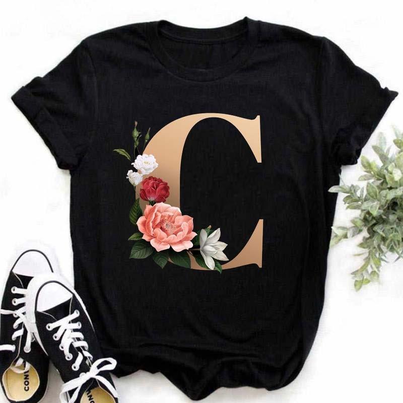 A B C D E Druck T-Shirt für Damen Neues Sommer Paare Liebhaber Damen T-Shirt Harajuku Lässig Schwarze Oberteile T-Shirts