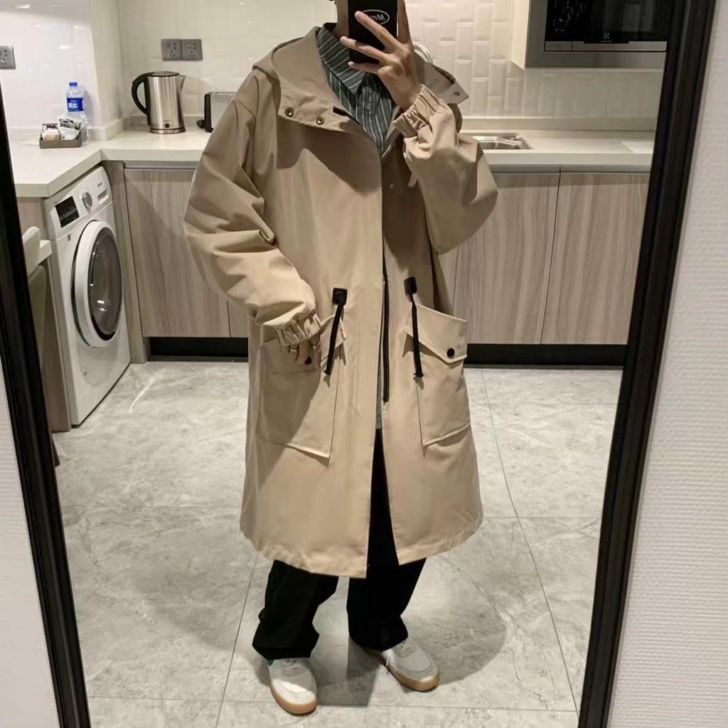 Jarní a podzimní mládežnická větrovka pánská ve stylu Hongkongu středně dlouhá ležérní s kapucí korejská edice trendy pánský kabát