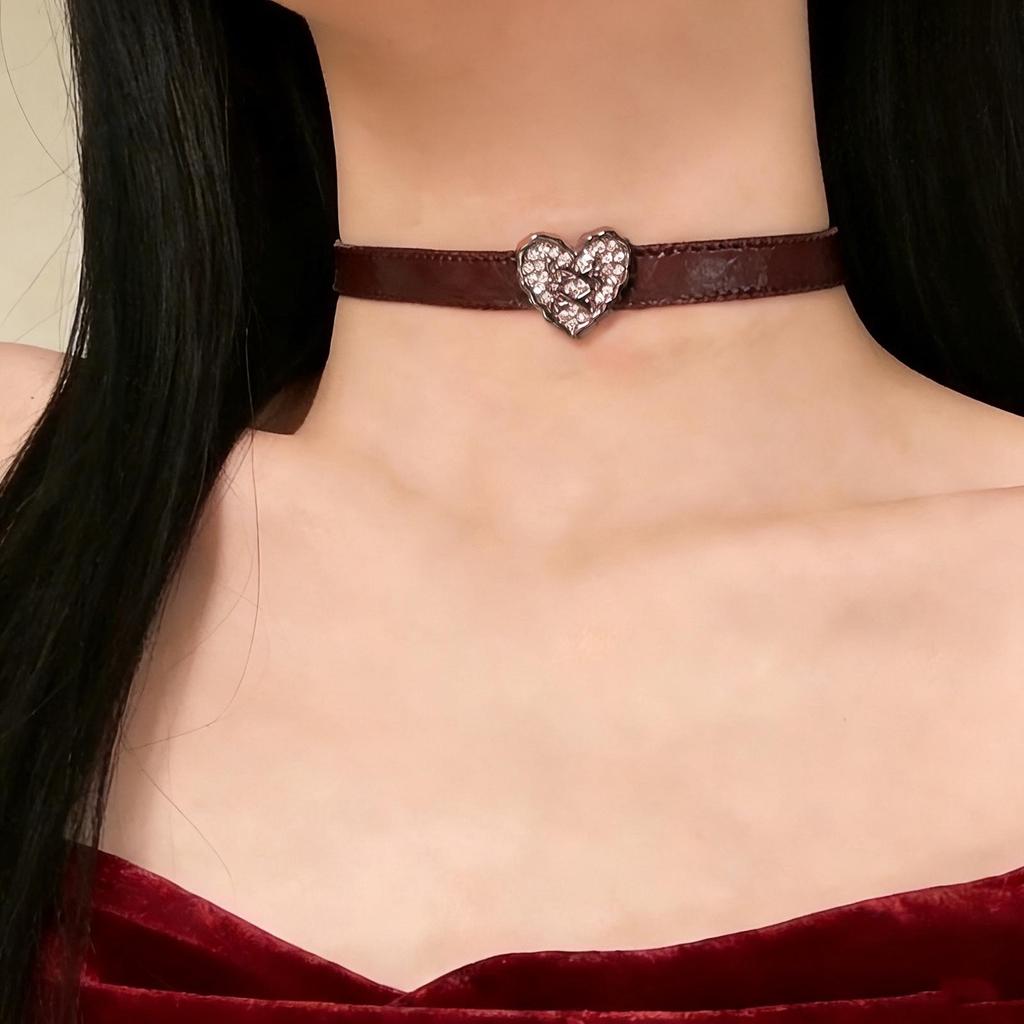 Wine Red Velvet Choker with Heart and Cross Pendant Necklace for Women