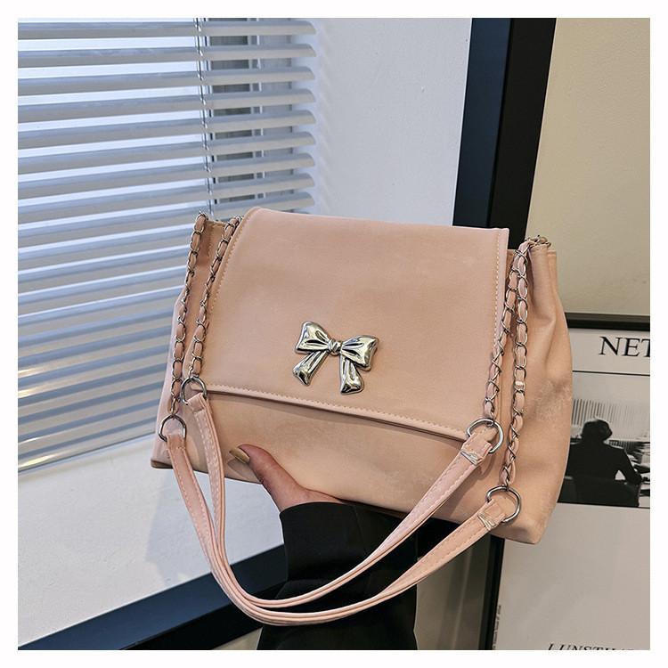 Large Capacity Solid Color Women's Bag 2024 Summer Bow Simple Fashion Commuter Chain Shoulder Bag Women