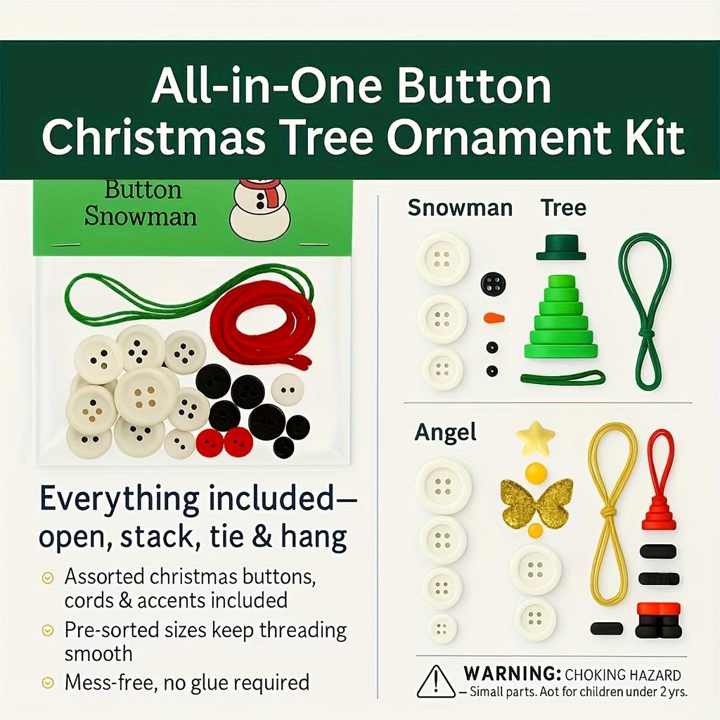DIY Christmas Button/Snowman Santa Claus Angel Figures with Button Hats Tree Ornaments/All-in-One Button Set for Christmas Trees