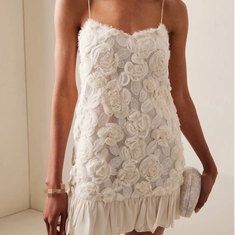 Elegant Polyester Rose Embellished Sleeveless Dress For Spring Womens Casual Style