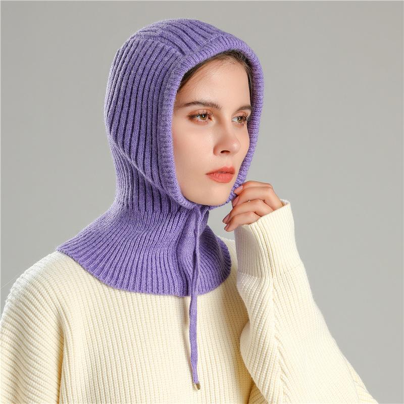 Winter Scarf And Hat Integrated For Outdoor Cycling, Warm Knit Scarf, Woolen Hat, Ear Protection, Solid Color Scarf, Drawstring