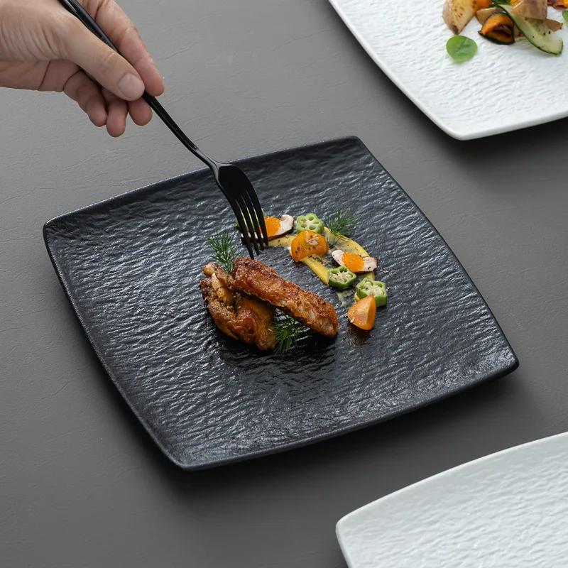 High Quality Matte Dinner Plates, Square Dishes, Black White Ceramic Plate, Household Tableware, Retro Grilled Meat Dish, 9 In.