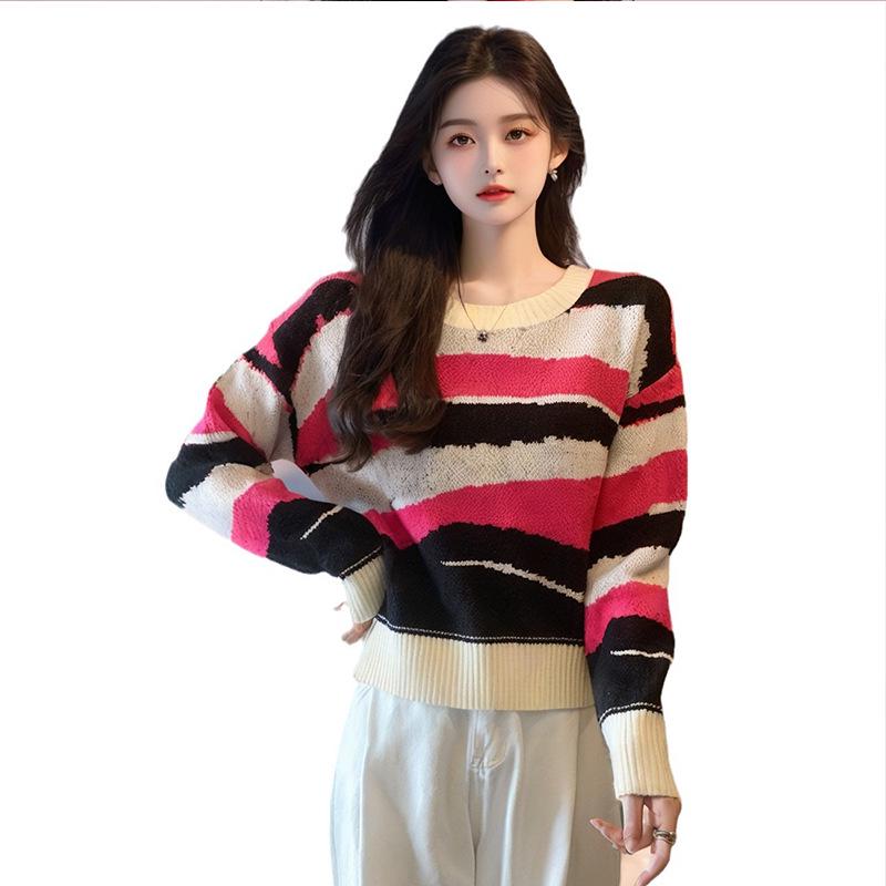 2025 Autumn Arrival: Korean Style Striped Round Neck Pullover Knit Sweater for Women
