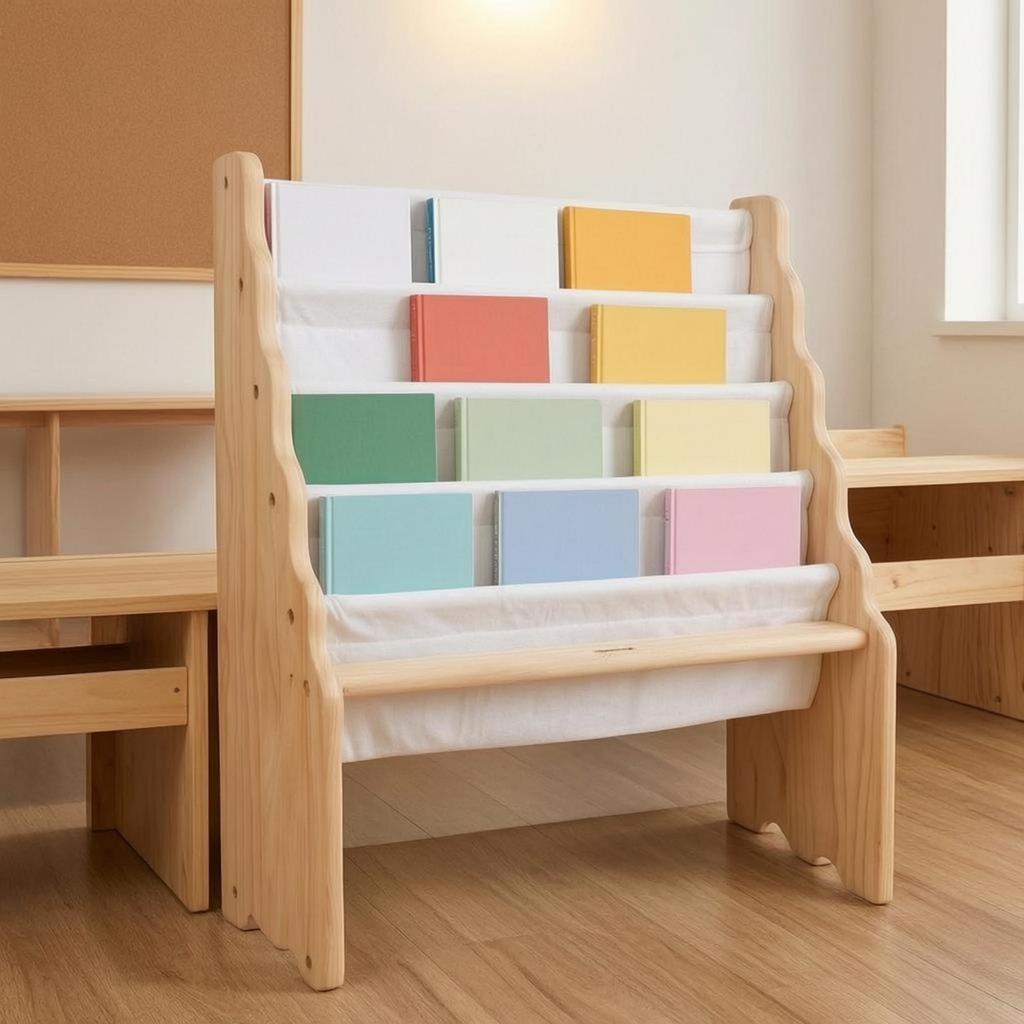 Textile Pocket Book Shelf Paintno-Finish Finish Wooden Kids Bookshelf Rounded