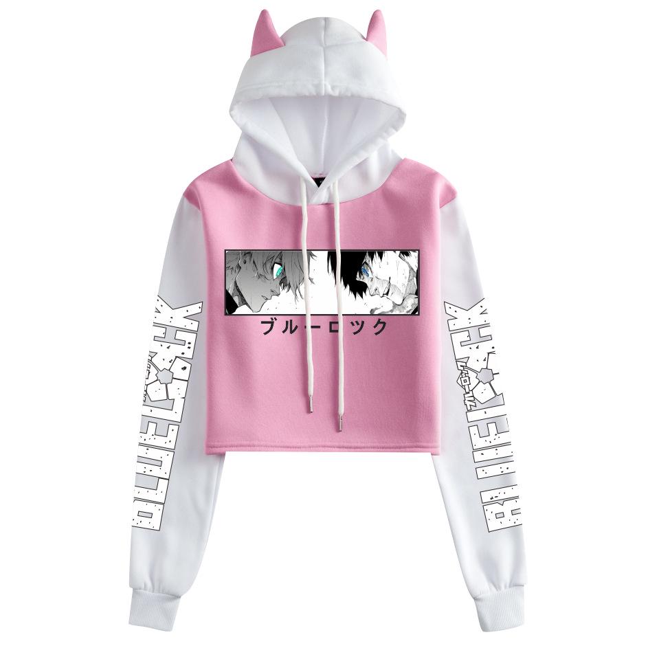 Blue Lock Cat Ear Color Block Hoodie with Plus Velvet