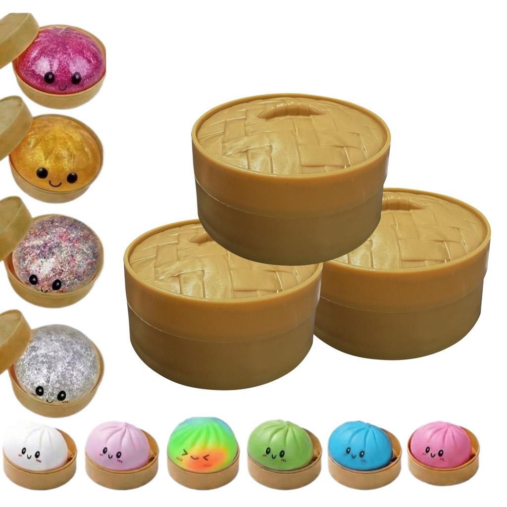 Set of 4 Squishy Steamed Bun Stress Relief Toys with Steam Basket Design Soft Squeeze Sensory Toys for Kids and Adults