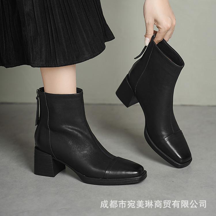 Thick heel square head leather short boots women's 2025 new British splicing thin Chelsea boots rear zipper fashion boots women
