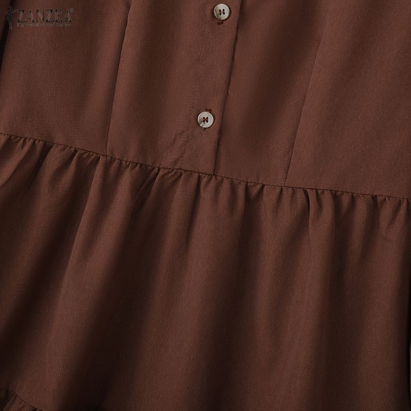 ZANZEA Damen Lässig Umlegekragen Elegant Langarm Kleid