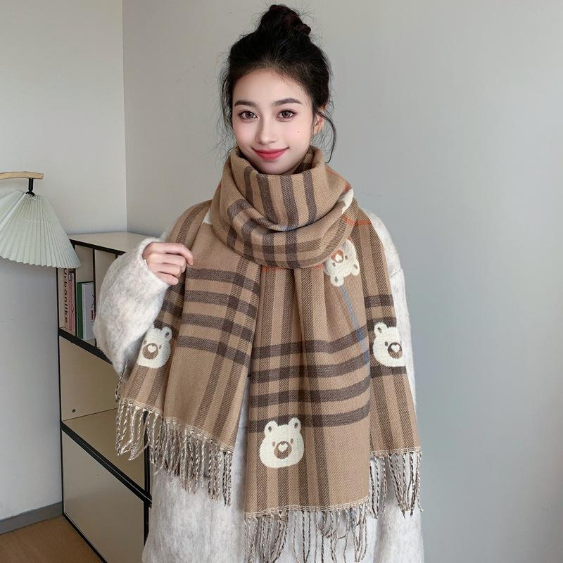 Women Autumn Winter Knitted Scarf Headscarf Lady Men Retro Plaid Print Tassel Scarve Foulard Wrap Shawl Casual Fashion Korean