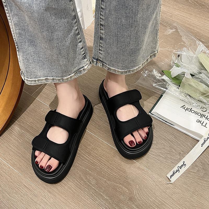 Beach Cool Slippers Women's New Fashion One-character Outer Wear Casual Velcro Thick-bottomed Cool Slippers