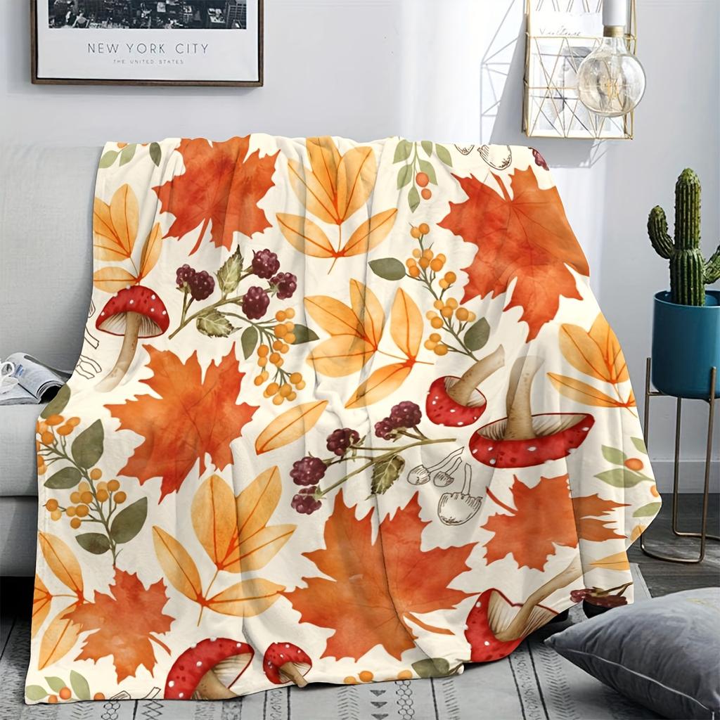 1pc Autumn Leaves & Mushrooms Print Flannel Blanket - Cozy Fall Decor Throw with Vibrant Orange/Yellow/Brown/Green/Purple Colors